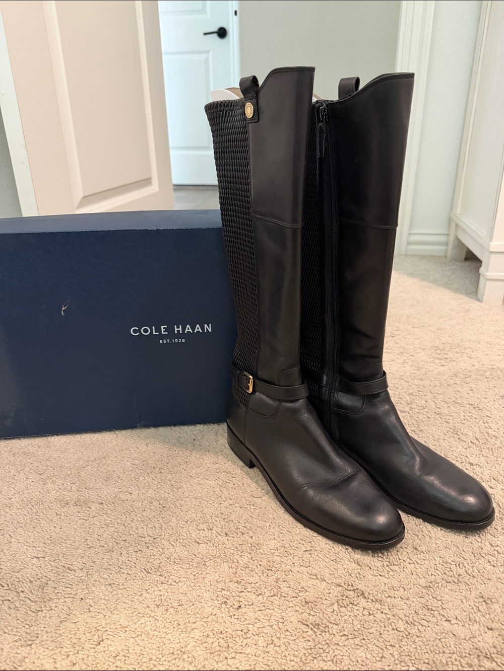 Cole Haan Black Leather Tall Riding Boots with Knit Back